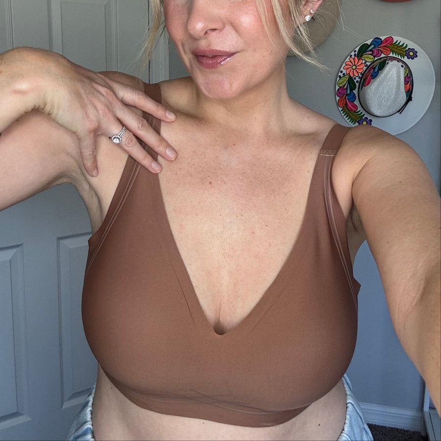 Angela wearing a brown wireless comfort bra