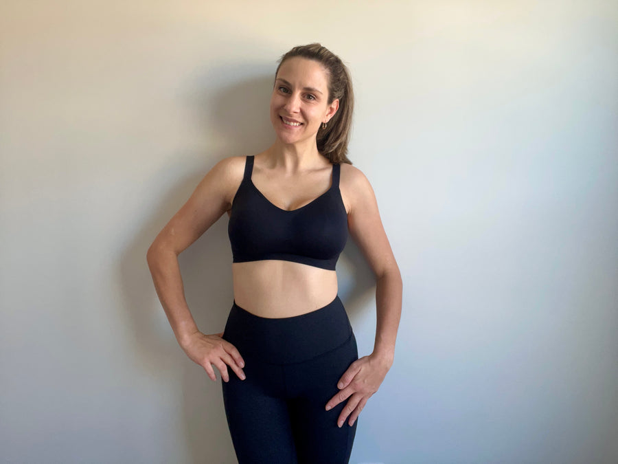 Customer wearing a black comfort bra
