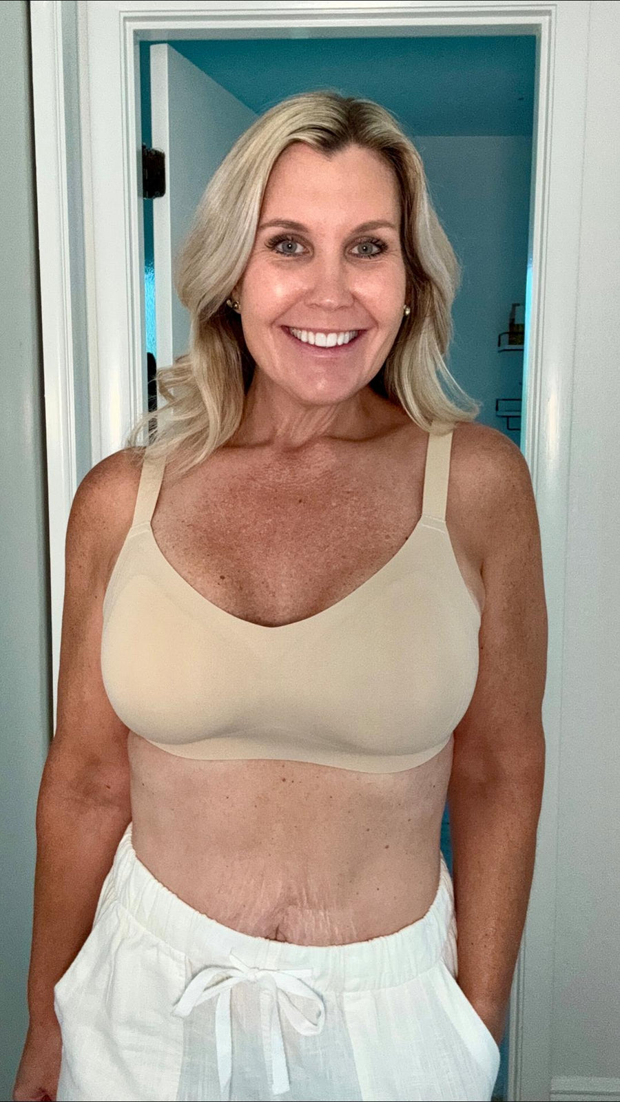 Customer wearing a nude wireless bra